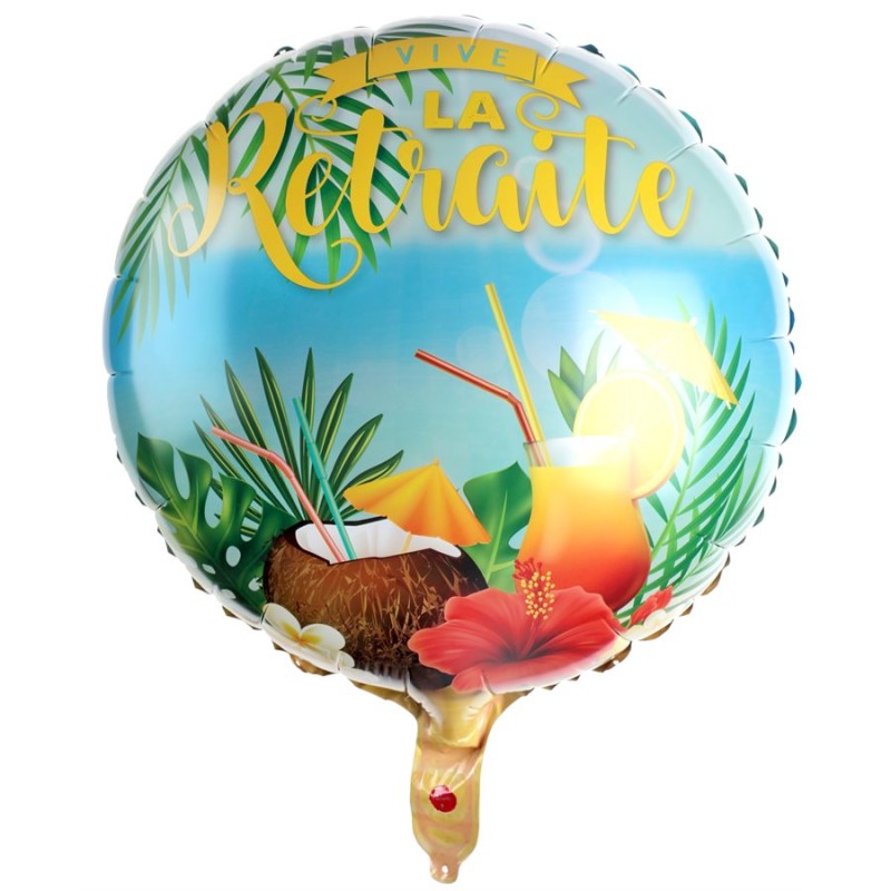 BALLON METALLIQUE ROND VIVE LA RETRAITE NOIX DE COCO ET COCKTAIL 45 CM 