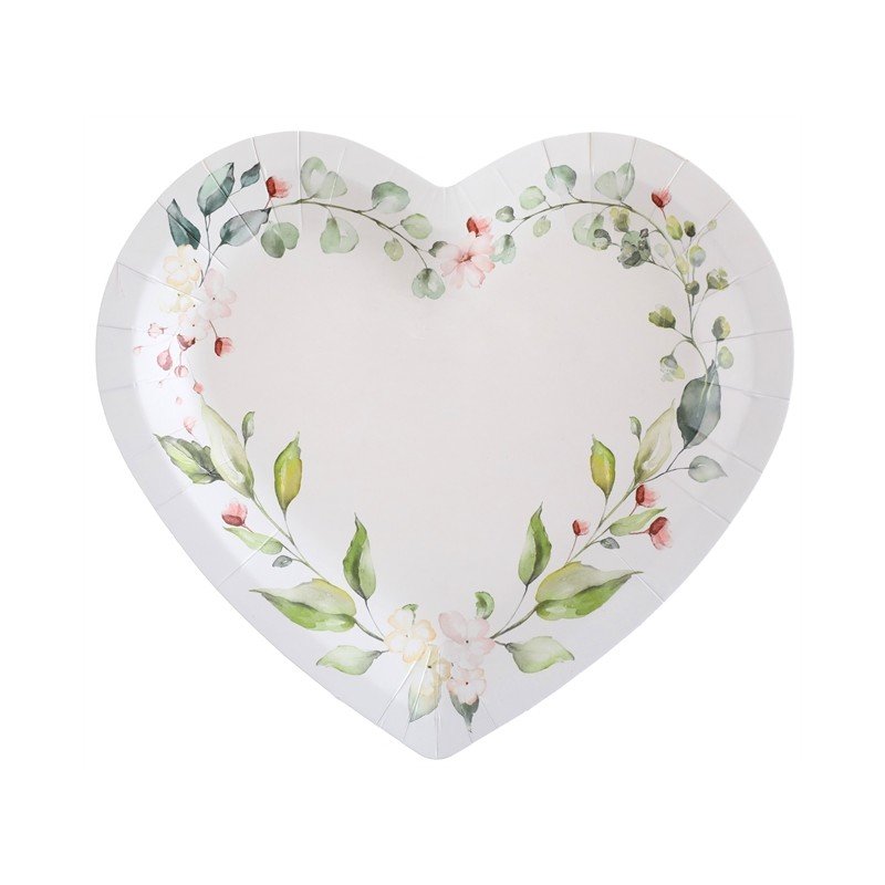 10 ASSIETTES BLANCHES FEUILLAGE MARIAGE VEGETAL COEUR 22.5 X 20 CM 