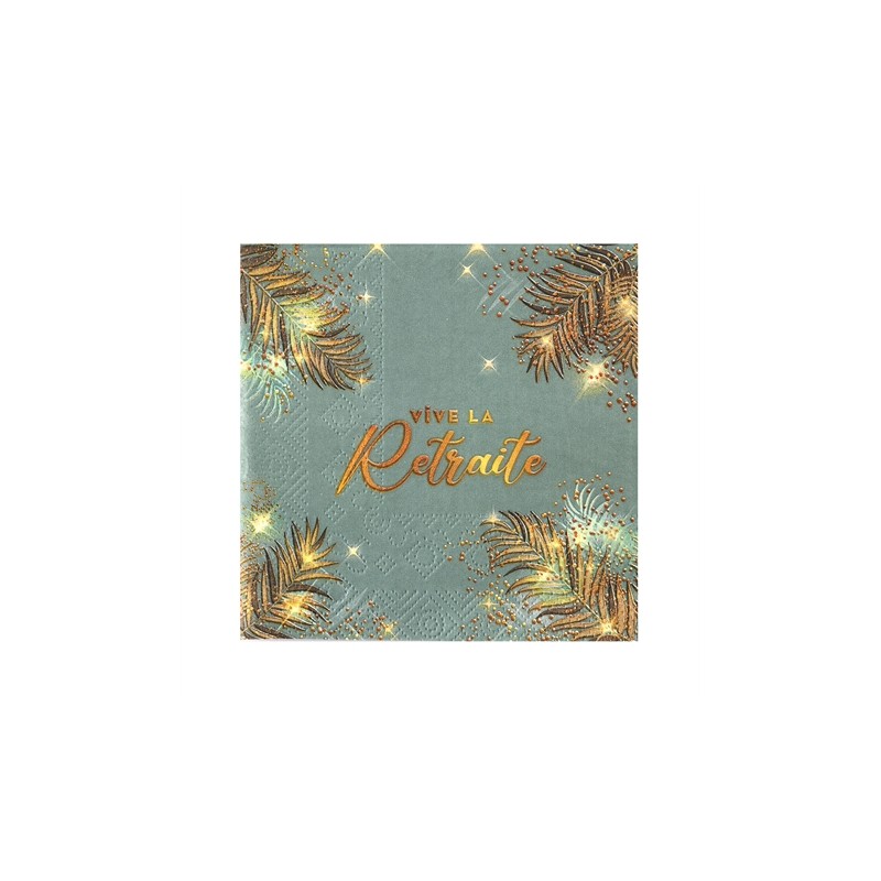 12 SERVIETTES VIVE LA RETRAITE OR SUR FOND VERT CELADON 25 X 25 CM