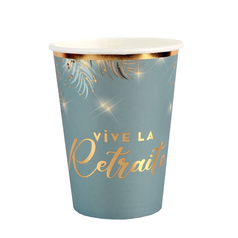 6 GOBELETS VIVE LA RETRAITE OR SUR FOND VERT CELADON 