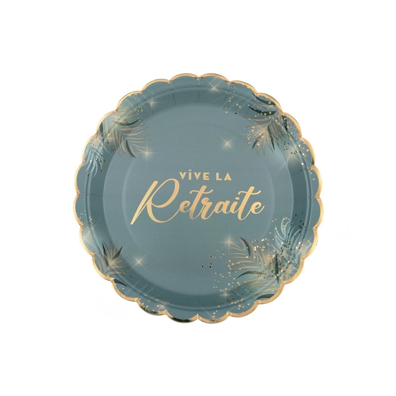 6 ASSIETTES VIVE LA RETRAITE OR SUR FOND VERT CELADON 23 CM