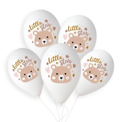5 BALLONS BIO LATEX COULEUR BLANC IMPRESSION OURSON LITTLE STAR 33 CM