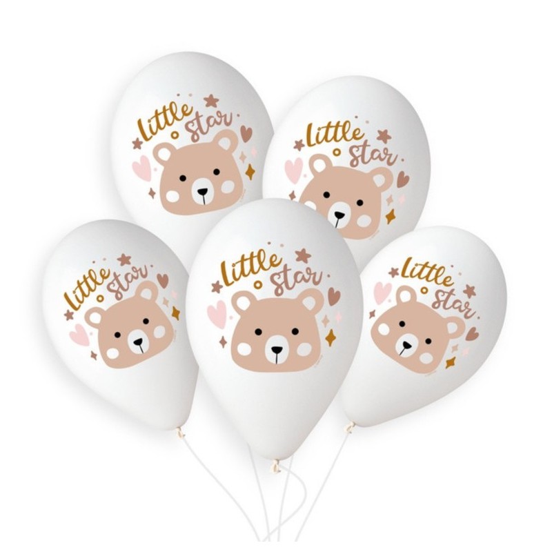 5 BALLONS BIO LATEX COULEUR BLANC IMPRESSION OURSON LITTLE STAR 33 CM