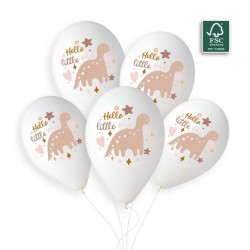 5 BALLONS BIO LATEX COULEUR BLANC IMPRESSION DINO HELLO LITTLE ONE 33 CM