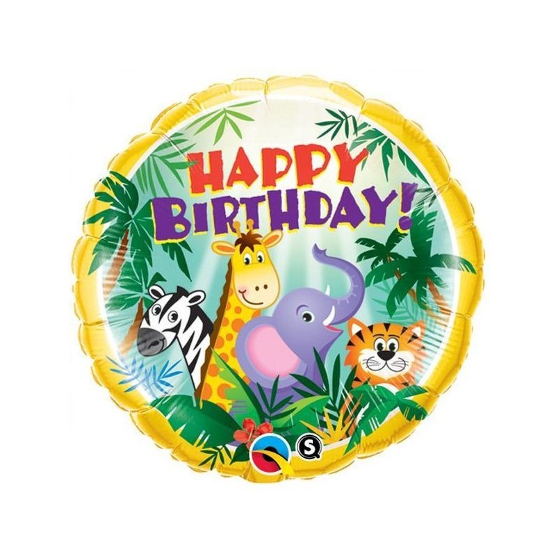 BALLON METALLIQUE ROND 46CM HAPPY BIRTHDAY ANIMAUX DE LA SAVANE 