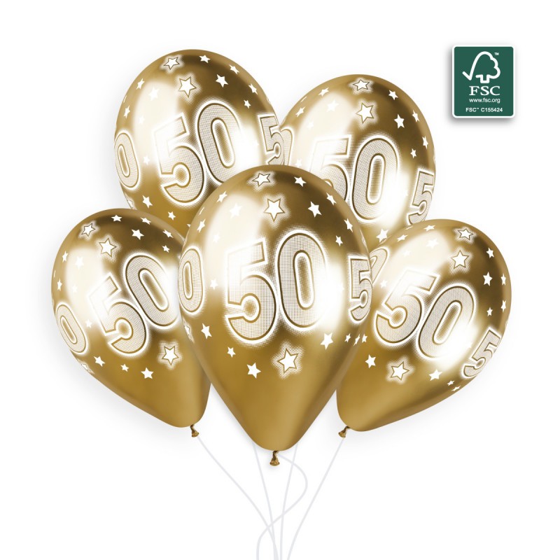 5 BALLONS BIO LATEX IMPRIMES CHIFFRE 50 COULEUR SHINE OR 33 CM 