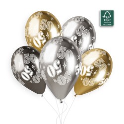 5 BALLONS BIO LATEX IMPRIMES CHIFFRE 50 COULEUR SHINE OR ARGENT ET GRIS 33 CM 