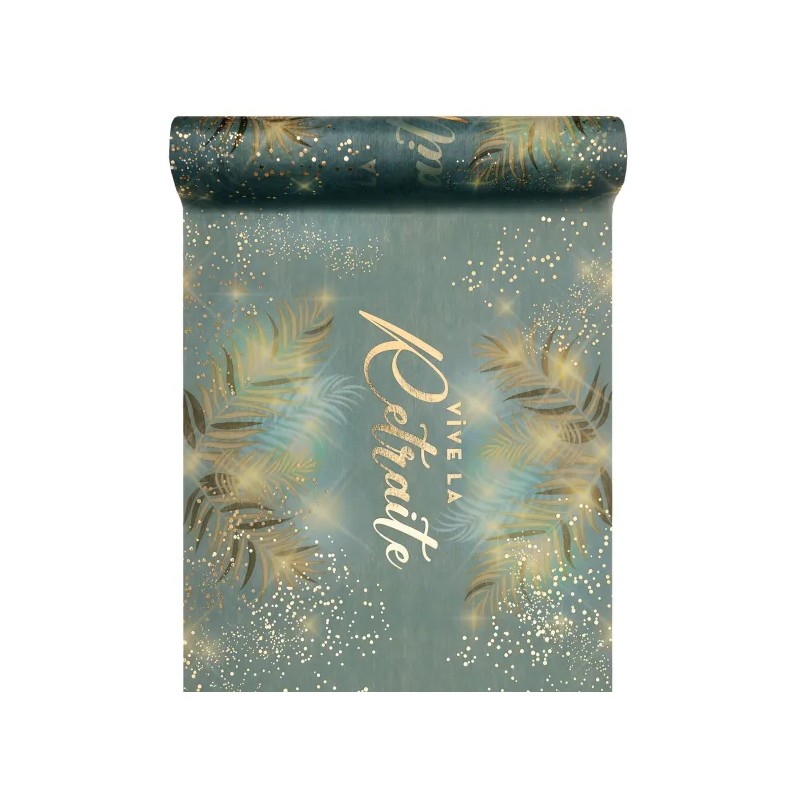 CHEMIN DE TABLE VIVE LA RETRAITE OR SUR FOND VERT