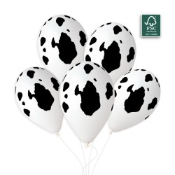 50 BALLONS BIO LATEX BLANC TACHES DE VACHE NOIRES 33 CM OU 13"