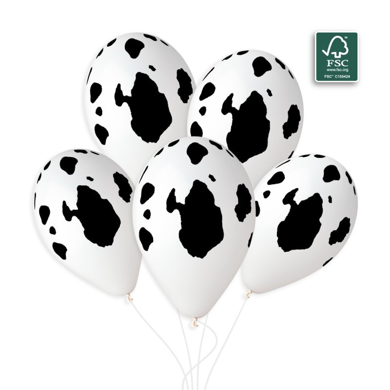 50 BALLONS BIO LATEX BLANC TACHES DE VACHE NOIRES 33 CM OU 13"