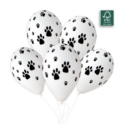 50 BALLONS BIO LATEX BLANCS IMPRIMES PATTES D'ANIMAUX OU DE CHIEN