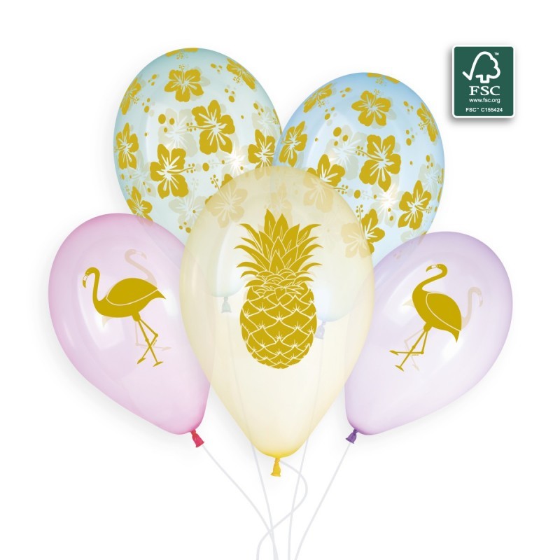 5 BALLONS BIO LATEX FLAMMANT ROSE ET ANANAS 33 CM 