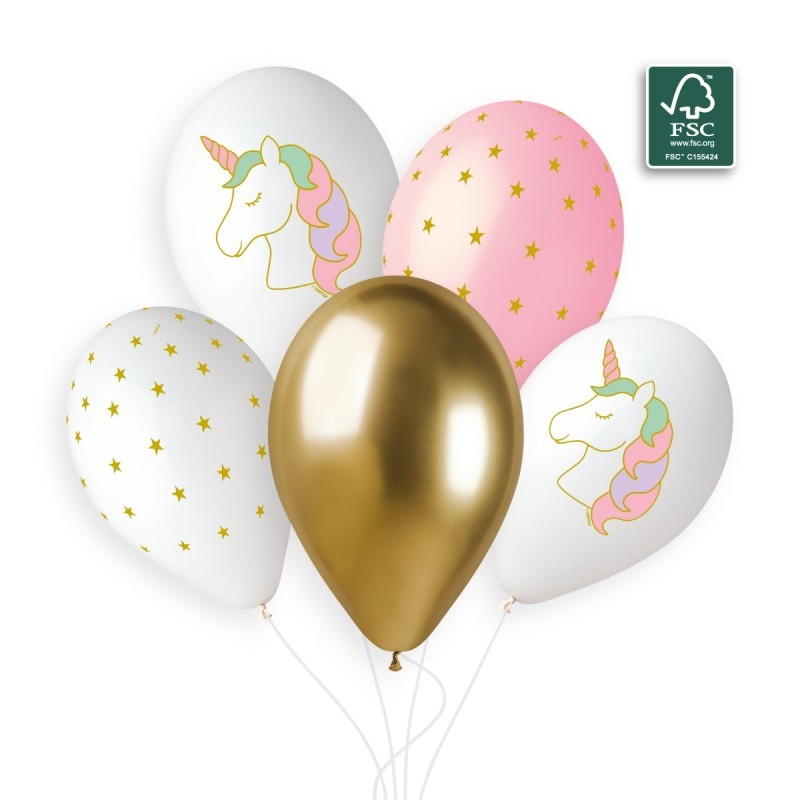 5 BALLONS BIO LATEX LICORNE OR ROSE ET BLANC 33 CM 