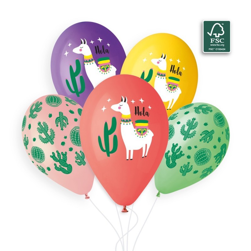 5 BALLONS BIO LATEX LAMA ET CACTUS MILTICOLORE 33 CM 