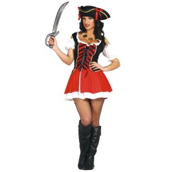 DEGUISEMENT PIRATE FEMME CORSAIRE ROBE ROUGE ET NOIR TAILLE M