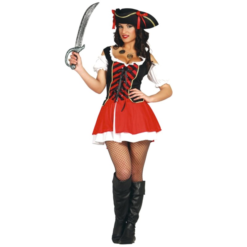 DEGUISEMENT PIRATE FEMME CORSAIRE ROBE ROUGE ET NOIR TAILLE M