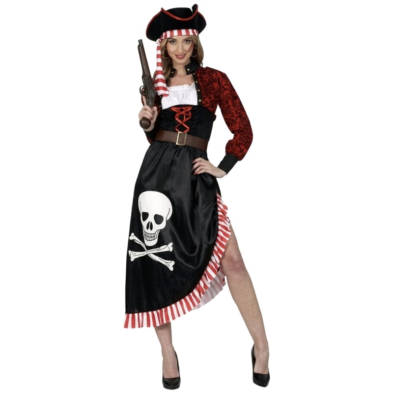 DEGUISEMENT PIRATE FEMME ROBE LONGUE ROUGE ET NOIRE TETE DE MORT TAILLE 42-44