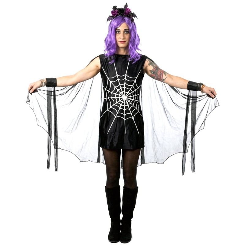 DEGUISEMENT ROBE NOIRE GOTHIQUE TOILE D'ARAIGNEES BLANCHES TAILLE 38