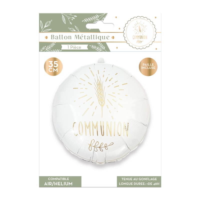 BALLON METALLIQUE COMMUNION BLANC ET OR EPI DE BLE 35 CM