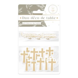 DUO CONFETTIS DE TABLE BLANC ET OR COMMUNION ET CROIX ENV 60 PIECES