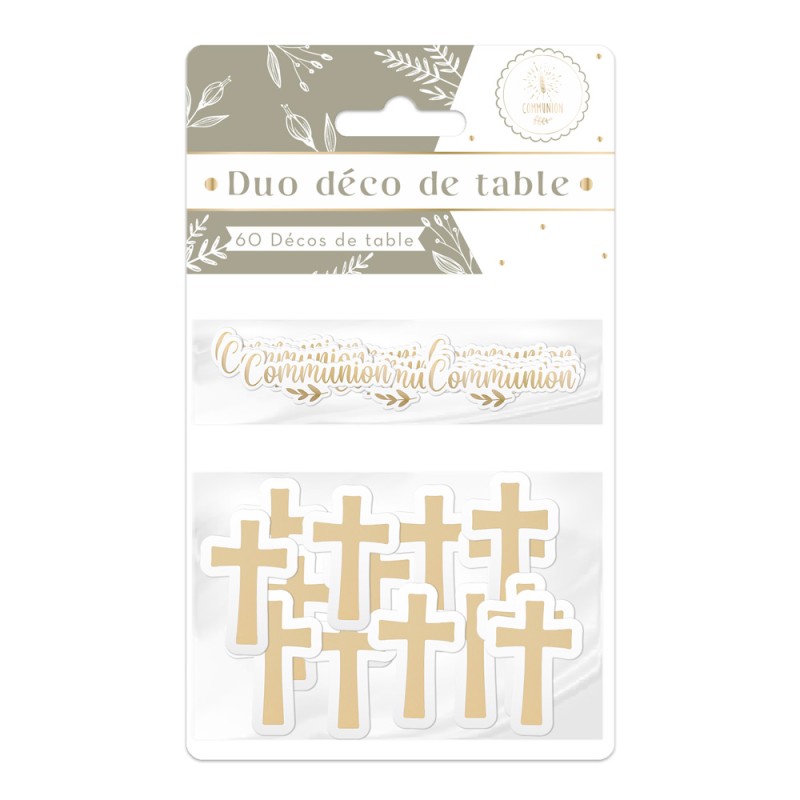 DUO CONFETTIS DE TABLE BLANC ET OR COMMUNION ET CROIX ENV 60 PIECES