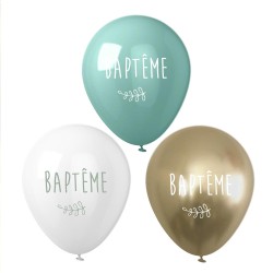 8 BALLONS LATEX BAPTÊME 30 CM OR VERT EUCALYPTUS ET IVOIRE