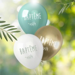 8 BALLONS LATEX BAPTÊME 30 CM OR VERT EUCALYPTUS ET IVOIRE