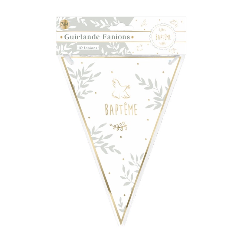 GUIRLANDE 10 FANIONS BAPTEME BLANC ET OR 3 METRES 