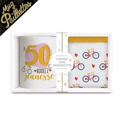 COFFRET CADEAU ANNIVERSAIRE 50 ANS MUG A PAILLETTES + CHAUSSETTES