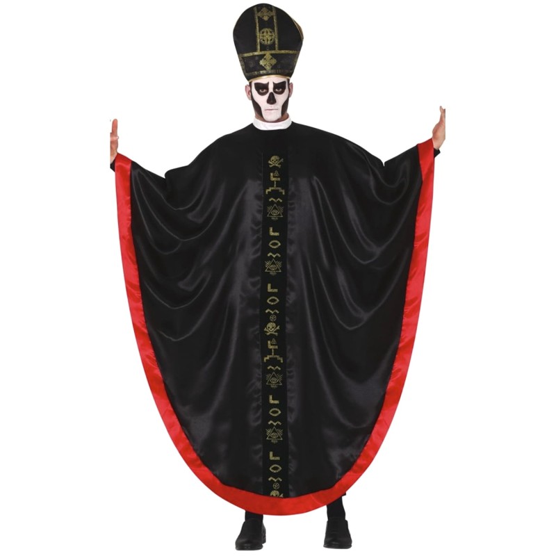 DEGUISEMENT PRETRE SATANIQUE CAPE NOIRE ET ROUGE AVEC COIFFE HALLOWEEN TAILLE X