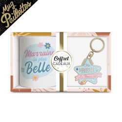COFFRET CADEAU MARRAINE LA PLUS BELLE MUG A PAILLETTES + PORTE CLES