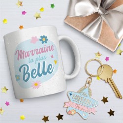 COFFRET CADEAU MARRAINE LA PLUS BELLE MUG A PAILLETTES + PORTE CLES