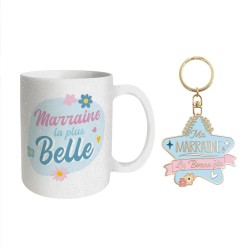COFFRET CADEAU MARRAINE LA PLUS BELLE MUG A PAILLETTES + PORTE CLES