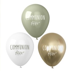 8 BALLONS LATEX COMMUNION 30 CM OR VERT EUCALYPTUS ET BLANC