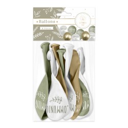 8 BALLONS LATEX COMMUNION 30 CM OR VERT EUCALYPTUS ET BLANC