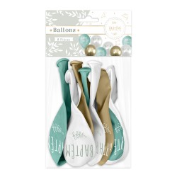 8 BALLONS LATEX BAPTÊME 30 CM OR VERT EUCALYPTUS ET IVOIRE