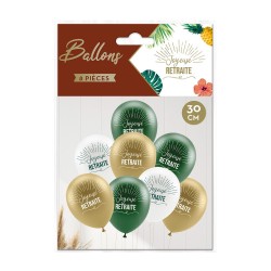 8 BALLONS LATEX JOYEUSE RETRAITE COULEUR BLANC OR ET VERT EUCALYPTUS OR 30 CM 