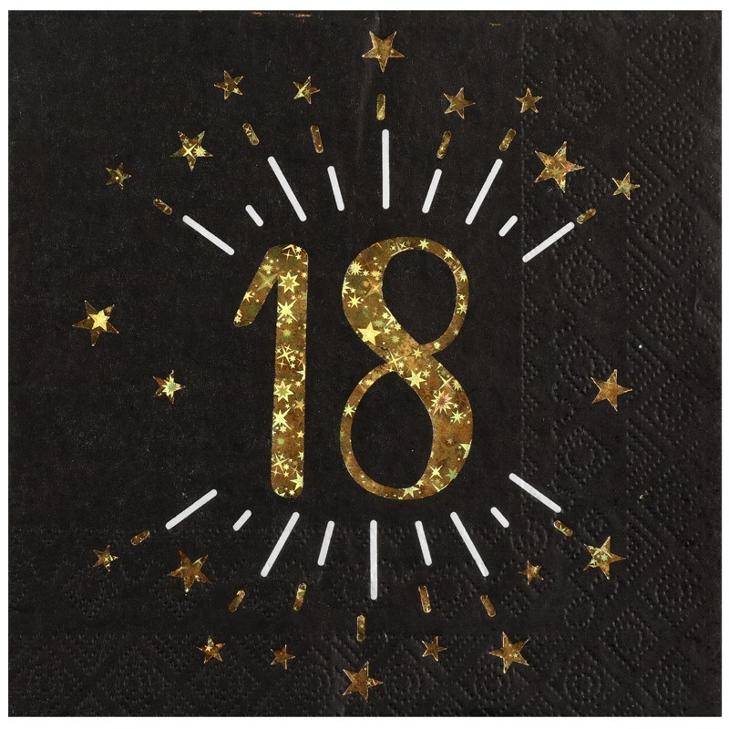 10 SERVIETTES ETINCELANT METAL OR 18 ANS NOIR 33 X 33 CM