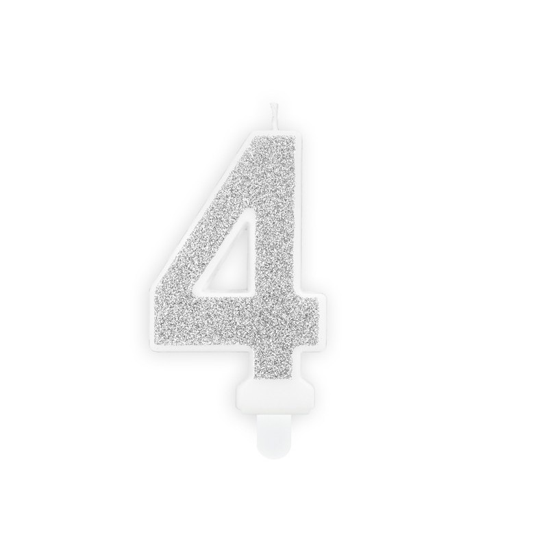 BOUGIE CHIFFRE 4 PAILLETTE ARGENT 7 CM