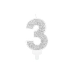 BOUGIE CHIFFRE 3 PAILLETTE ARGENT 7 CM