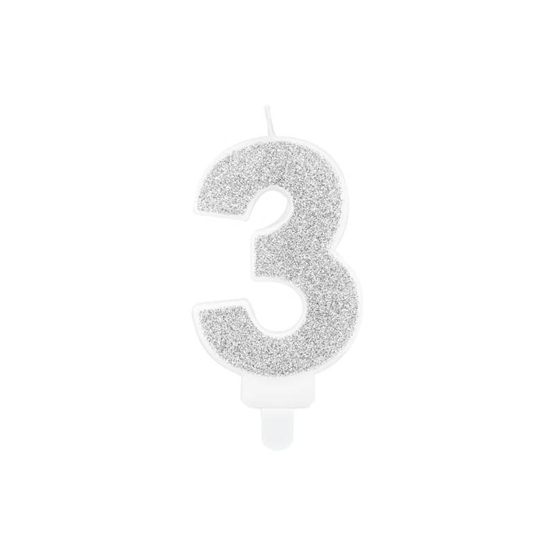 BOUGIE CHIFFRE 3 PAILLETTE ARGENT 7 CM