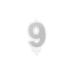 BOUGIE CHIFFRE 9 PAILLETTE ARGENT 7 CM