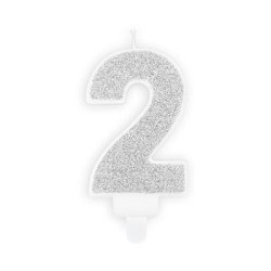 BOUGIE CHIFFRE 2 PAILLETTE ARGENT 7 CM