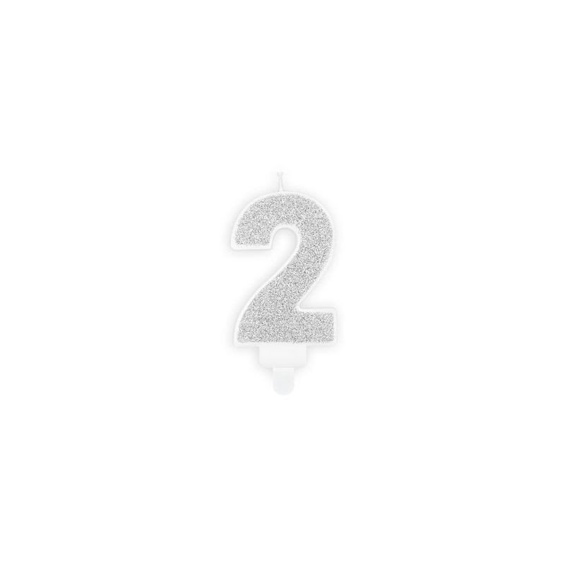 BOUGIE CHIFFRE 2 PAILLETTE ARGENT 7 CM