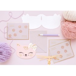 6 INVITATIONS + ENVELOPPES CHAT KITTY ROSE 13 X 10 CM