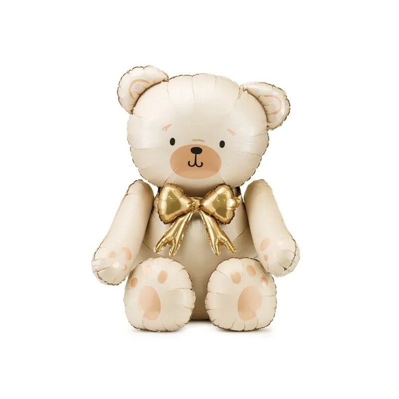 BALLON METALLIQUE OURS CREME SATIN NOEUD OR GONFLAGE AIR 84 X 75 CM
