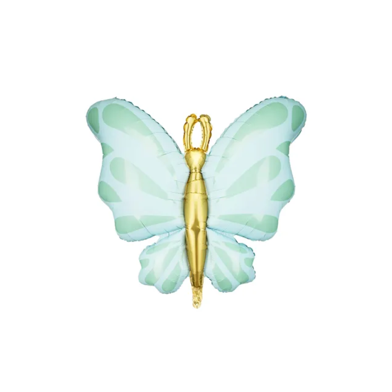 BALLON METALLIQUE PAPILLON BLEU PASTEL ET OR 69 X 69 CM 