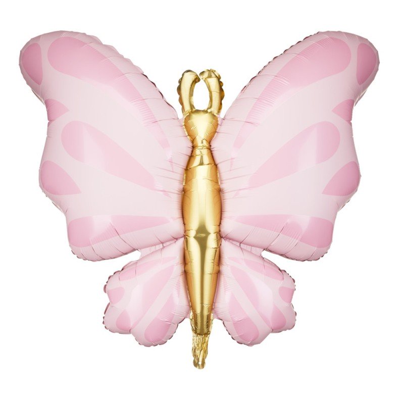 BALLON METALLIQUE PAPILLON ROSE PASTEL ET OR 69 X 69 CM 