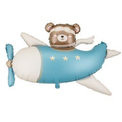 BALLON METALLIQUE OURSON DANS AVION BLEU CIEL 94 X 61 CM