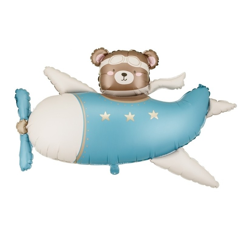 BALLON METALLIQUE OURSON DANS AVION BLEU CIEL 94 X 61 CM